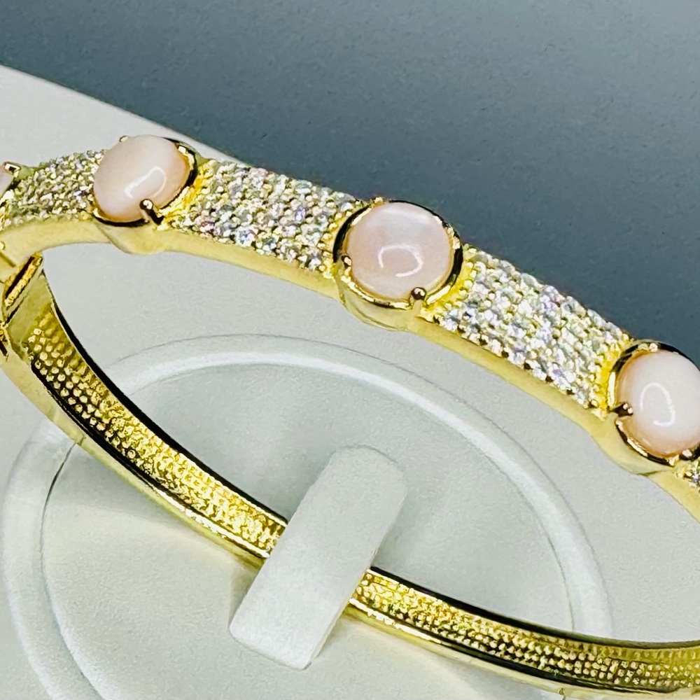 Pink Moonstone 18K Gold Sterling Silver Bangle Bracelet - Picture 6 of 7
